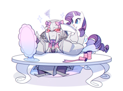 Size: 900x667 | Tagged: safe, artist:megarock, derpibooru import, rarity, pony, robot, unicorn, blushing, crossover, cybertronian, decepticon, female, horn, male, mare, megatron, mirror, pillow, sitting, sparkles, table, thread, transformers