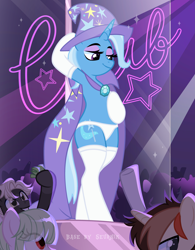 Size: 3893x5001 | Tagged: safe, alternate version, artist:ghostpikachu, derpibooru exclusive, derpibooru import, trixie, oc, pony, semi-anthro, unicorn, g4, base artist:seurnik, base used, bedroom eyes, bipedal, cape, clothes, club, collar, dancing, gem, hat, high res, horn, latex, lidded eyes, makeup, multiple variants, panties, party, pole, pole dancing, seductive, seductive look, seductive pose, sexy, socks, solo focus, spotlight, stockings, stripper pole, thigh highs, underwear