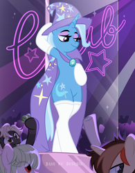 Size: 3893x5001 | Tagged: safe, alternate version, artist:ghostpikachu, derpibooru exclusive, derpibooru import, trixie, oc, pony, semi-anthro, unicorn, g4, base artist:seurnik, base used, bedroom eyes, bipedal, cape, clothes, club, dancing, gem, hat, high res, horn, lidded eyes, makeup, multiple variants, party, pole, pole dancing, seductive, seductive look, seductive pose, sexy, socks, solo focus, spotlight, stockings, stripper pole, thigh highs