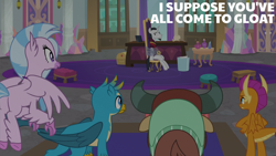 Size: 2000x1125 | Tagged: safe, derpibooru import, edit, edited screencap, editor:quoterific, screencap, chancellor neighsay, gallus, silverstream, smolder, yona, dragon, griffon, hippogriff, pony, unicorn, yak, g4, school raze, season 8, butt, horn, interior, school of friendship, smolderriere, streambutt, yonass