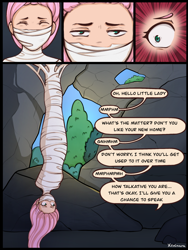 Size: 1620x2160 | Tagged: safe, artist:xeninara, derpibooru import, fluttershy, human, g4, bondage, bound, bound and gagged, captured, caught, cocoon, comic, damsel in distress, dialogue, dialogue box, digital art, encasement, female, fetish, gag, helpless, humanized, muffled words, mummification, mummified, peril, restrained, solo, spider web, tied, tied up, web gag, wrapped up