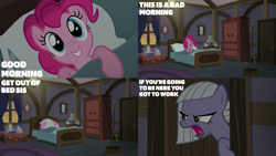 Size: 2000x1125 | Tagged: safe, derpibooru import, edit, edited screencap, editor:quoterific, screencap, limestone pie, pinkie pie, earth pony, pony, g4, season 8, the maud couple, bed, bedroom, duo, female, grin, in bed, mare, open mouth, smiling, talking, text