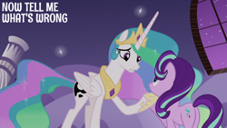 Size: 2000x1125 | Tagged: safe, derpibooru import, edit, edited screencap, editor:quoterific, screencap, princess celestia, starlight glimmer, alicorn, pony, unicorn, a royal problem, g4, season 7, duo, female, folded wings, hoof on chin, horn, jewelry, looking at each other, looking at someone, mare, regalia, standing on three hooves, talking, text, three toned mane, wings, wrong cutie mark