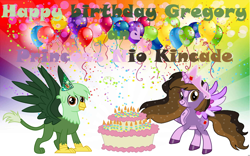 Size: 1920x1200 | Tagged: safe, artist:shieldwingarmorofgod, derpibooru import, oc, oc only, oc:gregory griffin, oc:princess kincade, alicorn, griffon, balloon, birthday cake, cake, food, happy birthday, hat, party hat