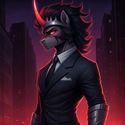 Size: 1024x1024 | Tagged: safe, ai content, derpibooru import, machine learning generated, king sombra, anthro, umbrum, unicorn, business suit, clothes, generator:google imagen 3.0, glowing, glowing horn, horn, male, prompter:zerowinger, smiling, solo, suit