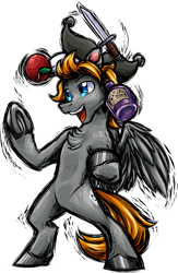 Size: 2505x3853 | Tagged: safe, artist:thescornfulreptilian, derpibooru import, oc, oc:jumping jack, pegasus, pony, apple, bipedal, bottle, food, hat, juggling, knife, male, simple background, stallion, transparent background