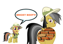 Size: 1105x765 | Tagged: safe, artist:shieldwingarmorofgod, derpibooru import, edit, daring do, oc, oc:brick daring do, pegasus, pony, brick booty, brick wall, butt, daring donk, dock, female, hat, looking back, mare, pith helmet, plot, sexy brick bottom, tail