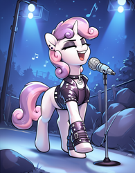 Size: 800x1024 | Tagged: safe, ai content, derpibooru import, edit, generator:pony diffusion v6 xl, generator:stable diffusion, machine learning generated, sweetie belle, pony, unicorn, g4, anonymous editor, blank flank, clothes, eyes closed, eyeshadow, female, goth, horn, jacket, leather, leather jacket, makeup, microphone, microphone stand, music, night, open mouth, prompter:thelight3d, punk, singing, solo, sweetie punk