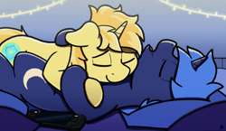 Size: 3736x2160 | Tagged: safe, artist:sefastpone, derpibooru import, oc, oc only, pony, unicorn, bed, gay, horn, male, sleeping, snuggling, steam deck