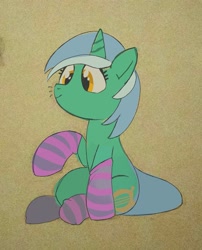 Size: 1434x1779 | Tagged: safe, artist:mandumustbasukanemen, derpibooru import, lyra heartstrings, clothes, female, mare, sitting, smiling, socks, solo, striped socks, whiskers