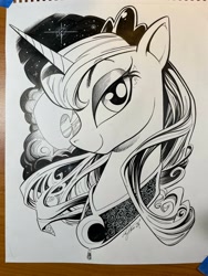 Size: 1536x2048 | Tagged: safe, artist:andypriceart, derpibooru import, princess luna, alicorn, pony, andy price, andy you magnificent bastard, cute, female, ink drawing, mare, moon, paper, partial color, pretty, princess, traditional art