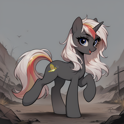 Size: 4096x4096 | Tagged: source needed, safe, ai content, derpibooru import, machine learning generated, oc, oc only, oc:velvet remedy, pony, unicorn, fallout equestria, female, looking at you, mare, open mouth, open smile, outdoors, prompter needed, side view, smiling, smiling at you, solo