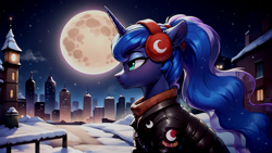 Size: 2560x1440 | Tagged: safe, ai content, derpibooru import, generator:pony diffusion v6 xl, generator:stable diffusion, machine learning generated, princess luna, alicorn, pony, g4, city, clothes, earmuffs, horn, house, jacket, looking forward, moon, night, outdoors, ponytail, prompter:infernum, sitting, sky, winter