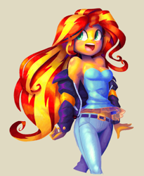 Size: 1657x2022 | Tagged: safe, artist:shadowhawx, derpibooru import, sunset shimmer, human, equestria girls, g4, bare shoulders, beige background, blushing, breasts, clothes, denim, female, jacket, jeans, looking offscreen, off shoulder, open mouth, open smile, pants, simple background, smiling, solo, sunset jiggler