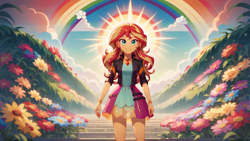 Size: 1920x1080 | Tagged: safe, ai content, derpibooru import, generator:stable diffusion, machine learning generated, sunset shimmer, human, equestria girls, g4, clothes, dress, female, flower, generator:autismmix pony, green eyes, halo, jacket, meadow, multicolored hair, orange skin, outdoors, prompter:marusame, rainbow, skirt, smiling, solo, stairs, standing, wallpaper