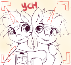 Size: 2477x2258 | Tagged: safe, artist:kristina, derpibooru import, oc, alicorn, earth pony, pegasus, pony, unicorn, camera shot, commission, couple, cute, heart, horn, phone, ych sketch, your character here