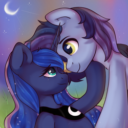 Size: 2048x2048 | Tagged: safe, artist:kristina, derpibooru import, princess luna, oc, alicorn, pegasus, pony, commission, couple, cute, duo, moon, ych result