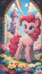 Size: 1080x1920 | Tagged: safe, ai content, derpibooru import, generator:stable diffusion, machine learning generated, pinkie pie, earth pony, pony, blue eyes, building, cloud, cutie mark, female, flower, generator:autismmix pony, looking to side, looking to the left, meadow, open mouth, outdoors, pink fur, pink hair, prompter:marusame, rainbow, smiling, solo, standing