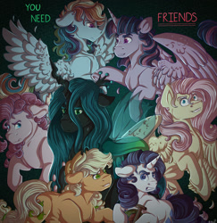 Size: 1495x1540 | Tagged: safe, artist:binibean, derpibooru import, mean applejack, mean fluttershy, mean pinkie pie, mean rainbow dash, mean rarity, mean twilight sparkle, queen chrysalis, changeling, changeling queen, earth pony, pegasus, pony, unicorn, the mean 6, clone, evil smile, female, grin, horn, mare, mean six, smiling