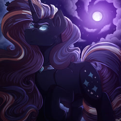 Size: 1000x1000 | Tagged: safe, artist:binibean, derpibooru import, nightmare rarity, pony, unicorn, g4, female, full moon, glowing, glowing eyes, horn, low angle, mare, moon, raised hoof, raised leg, signature, solo, speedpaint