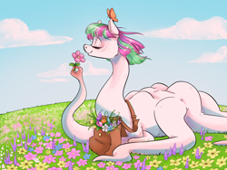 Size: 2568x1928 | Tagged: safe, artist:smirk, derpibooru import, blossomforth, butterfly, fanfic:blossomthing, g4, bag, blossomthing, blushing, body horror, eldritch abomination, flower, high res, messenger bag, shapeshifter, shapeshifting, tentacle neck, tentacle spider, tentacles