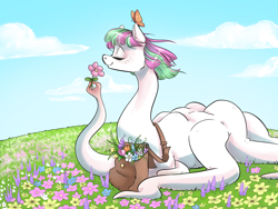 Size: 2568x1928 | Tagged: safe, artist:smirk, derpibooru import, blossomforth, butterfly, fanfic:blossomthing, g4, bag, blossomthing, body horror, eldritch abomination, flower, high res, messenger bag, shapeshifter, shapeshifting, solo, tentacle neck, tentacle spider, tentacles