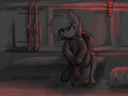 Size: 4000x3000 | Tagged: safe, artist:aaathebap, derpibooru import, oc, oc only, oc:codex droplet, earth pony, contemplating, gun, monochrome, red light, sitting, solo, weapon