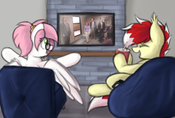 Size: 3200x2160 | Tagged: safe, artist:aaathebap, derpibooru import, oc, oc only, oc:aaaaaaaaaaa, oc:sugar morning, bat pony, pegasus, beanbag chair, duo, television, the office, watching, watching tv