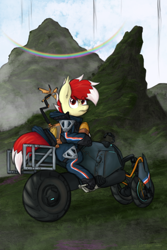 Size: 2000x3000 | Tagged: safe, artist:aaathebap, derpibooru import, oc, oc only, oc:aaaaaaaaaaa, bat pony, death stranding, fog, future, futuristic, grass, looking back, motorcycle, mountain, mountain range, ominous, rainbow, scenery, solo