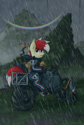 Size: 2000x3000 | Tagged: safe, artist:aaathebap, derpibooru import, oc, oc only, oc:aaaaaaaaaaa, bat pony, death stranding, fog, future, futuristic, grass, looking back, motorcycle, mountain, mountain range, ominous, rain, rainbow, scenery, solo