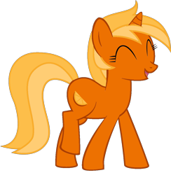 Size: 998x1024 | Tagged: safe, derpibooru import, pony, unicorn, g4, ^^, background pony, eyes closed, female, food, horn, mare, open mouth, open smile, orange, recolor, simple background, smiling, solo, tangerine (g4), transparent background, vector, walking