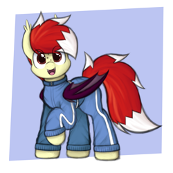 Size: 2000x2000 | Tagged: safe, artist:aaathebap, derpibooru import, oc, oc only, oc:aaaaaaaaaaa, bat pony, clothes, happy, looking at you, passepartout, raised hoof, raised leg, solo, tracksuit