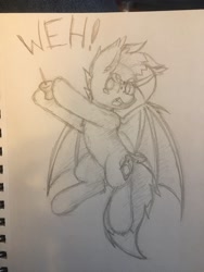 Size: 1536x2048 | Tagged: safe, artist:aaathebap, derpibooru import, oc, oc only, oc:aaaaaaaaaaa, bat pony, cute, scared, sketch, solo, spread wings, traditional art, wings