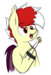 Size: 361x526 | Tagged: safe, artist:aaathebap, derpibooru import, oc, oc only, oc:aaaaaaaaaaa, bat pony, chopsticks, eating, food, simple background, solo, sushi, white background