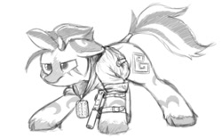 Size: 1013x630 | Tagged: safe, artist:aaathebap, derpibooru import, oc, oc only, zebra, fallout equestria, fallout, gun, simple background, sketch, solo, talisman, weapon, white background