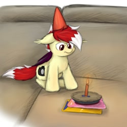 Size: 2000x2000 | Tagged: safe, artist:aaathebap, derpibooru import, oc, oc only, oc:aaaaaaaaaaa, bat pony, birthday, candle, ears, floppy ears, food, hat, meme, party hat, pie, sad, sitting, sofa, solo