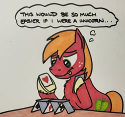 Size: 2048x1920 | Tagged: safe, artist:hoofclid, derpibooru import, big macintosh, earth pony, pony, g4, concentrating, hoof hold, house of cards, magnetic hooves, male, marker drawing, playing card, redraw, solo, stallion, thought bubble, tongue, tongue out, traditional art