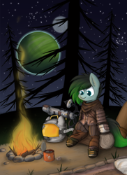 Size: 4000x5500 | Tagged: safe, artist:aaathebap, derpibooru import, oc, oc only, oc:gryph xander, campfire, fire, moon, outer wilds, planet, scenery, sitting, solo, space, spacesuit, tree