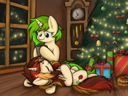 Size: 4000x3000 | Tagged: safe, artist:aaathebap, derpibooru import, oc, oc only, oc:scarlet serenade, oc:vinyl mix, unicorn, candy, candy cane, christmas, christmas tree, clock, couple, cuddling, cute, duo, duo female, female, food, grandfather clock, holiday, horn, horn ring, lesbian, lying down, oc x oc, ornament, present, reflection, ring, scarletmix, shipping, tree, window, winter