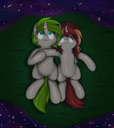 Size: 4000x4500 | Tagged: safe, artist:aaathebap, derpibooru import, oc, oc only, oc:scarlet serenade, oc:vinyl mix, unicorn, couple, cute, duo, duo female, female, horn, horn ring, lesbian, looking up, lying down, oc x oc, ring, scarletmix, shipping, space, stars