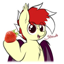 Size: 1750x1750 | Tagged: safe, artist:aaathebap, derpibooru import, oc, oc only, oc:aaaaaaaaaaa, bat pony, pony, chest fluff, food, looking at you, simple background, solo, strawberry, white background