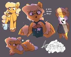 Size: 3153x2519 | Tagged: safe, artist:potato22, artist:potto22, derpibooru import, oc, oc only, oc:mareota, pegasus, pony, semi-anthro, blushing, clothes, ears, eye clipping through hair, eyebrows, eyebrows visible through hair, eyes closed, female, floppy ears, folded wings, glasses, gray background, heart, high res, looking at you, lying down, mare, open mouth, pegasus oc, prone, shirt, shorts, simple background, smiling, solo, spread wings, t-shirt, tail, unshorn fetlocks, wings