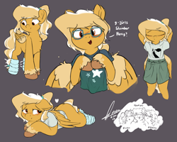 Size: 3153x2519 | Tagged: safe, alternate version, artist:potato22, artist:potto22, derpibooru import, oc, oc only, oc:mareota, pegasus, pony, semi-anthro, blushing, clothes, ears, eye clipping through hair, eyebrows, eyebrows visible through hair, eyes closed, female, floppy ears, folded wings, glasses, gray background, heart, high res, looking at you, lying down, mare, open mouth, pegasus oc, prone, shirt, shorts, simple background, smiling, solo, spread wings, t-shirt, tail, unshorn fetlocks, wings