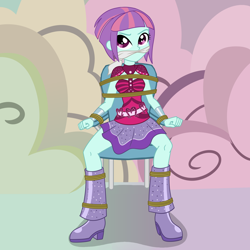 Size: 2500x2500 | Tagged: safe, artist:nie-martw-sie-o-mnie, derpibooru import, part of a set, sunny flare, human, dance magic, equestria girls, g4, bondage, boots, bound and gagged, chair, cleave gag, cloth gag, clothes, equestria girls specials, female, femsub, gag, high heel boots, rope, rope bondage, shoes, sitting, skirt, solo, spread legs, spreading, submissive, tied to chair