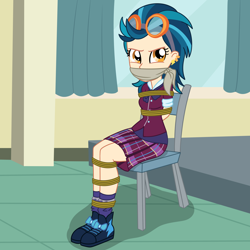 Size: 2000x2000 | Tagged: safe, artist:nie-martw-sie-o-mnie, derpibooru import, part of a set, indigo zap, human, equestria girls, g4, bondage, bound and gagged, chair, cloth gag, clothes, crystal prep academy uniform, female, femsub, gag, goggles, goggles on head, indigosub, rope, rope bondage, school uniform, sitting, skirt, socks, solo, submissive