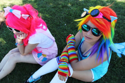 Size: 900x600 | Tagged: safe, derpibooru import, photographer:sailorhaschopstickss, pinkie pie, rainbow dash, human, ama-con, clothes, cosplay, costume, duo, duo female, female, irl, irl human, multicolored hair, photo, rainbow hair, sunglasses