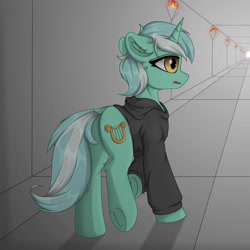 Size: 1800x1800 | Tagged: safe, artist:門久, derpibooru import, lyra heartstrings, pony, unicorn, fanfic:background pony, g4, butt, clothes, dock, female, hoodie, horn, mare, plot, solo, tail, torch, underhoof