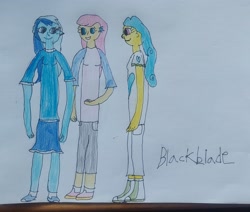 Size: 3073x2604 | Tagged: safe, artist:blackblade360, derpibooru import, lemon hearts, minuette, twinkleshine, human, equestria girls, g4, blue dress, blue eyes, blue hair, blue shirt, blue skin, clothes, colored pencil drawing, curly hair, cutie mark accessory, dress, ear piercing, earring, eyelashes, female, humanized, irl, jewelry, open mouth, paper, photo, piercing, pink eyes, pink hair, pony to human, raised arm, side view, signature, smiling, species swap, talking, tan skin, traditional art, transformation, trio, two toned hair, yellow tan