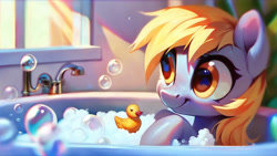 Size: 1920x1080 | Tagged: safe, ai content, derpibooru import, generator:pony diffusion v6 xl, generator:stable diffusion, machine learning generated, derpy hooves, pegasus, g4, bath, bathroom, bathtub, bubble, bubble bath, happy, prompt in description, prompter:derp621, rubber duck, solo