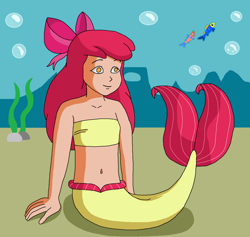 Size: 1164x1104 | Tagged: safe, artist:ocean lover, derpibooru import, apple bloom, fish, human, mermaid, adorabloom, amber eyes, apple bloom's bow, bandeau, bare midriff, bare shoulders, belly, belly button, bow, bubble, child, coral, cute, fins, fish tail, hair bow, happy, humanized, kelp, light skin, long hair, looking at something, mermaid tail, mermaidized, midriff, ms paint, ocean, red hair, sea creature, seaweed, sitting, smiling, solo, species swap, tail, tail fin, underwater, water